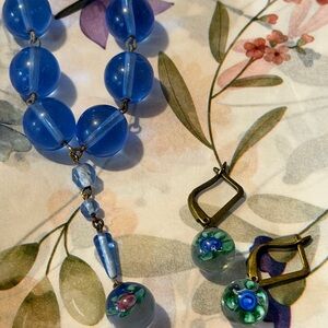 Antique Cobalt Blue & Roses Pool Of Light Inspired Necklace And Earring Set